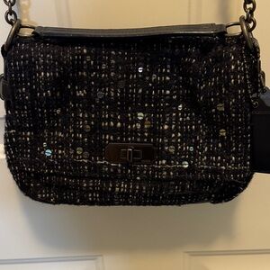 Coach Chelsea Flap Boucle convertible shoulder bag. Navy tweed w/ sequins.